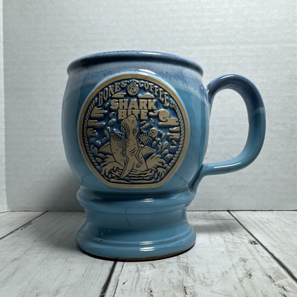 Bones Coffee Company Shark Bite Mug Blue Handmade USA Deneen Pottery Rare  2021